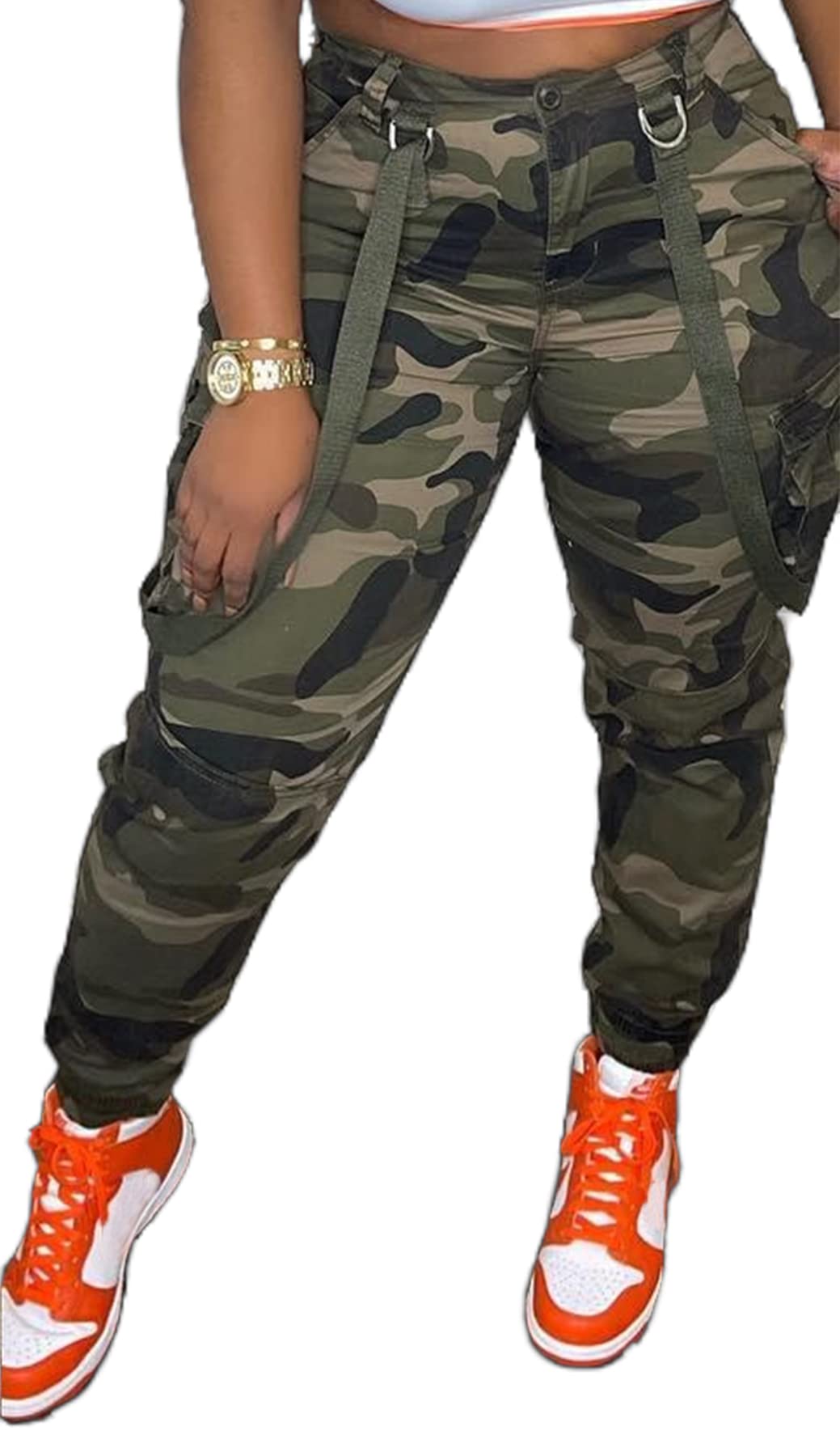 Womens Camo Cargo High Waist Pants Camouflage Military Elastic Trousers with Pockets