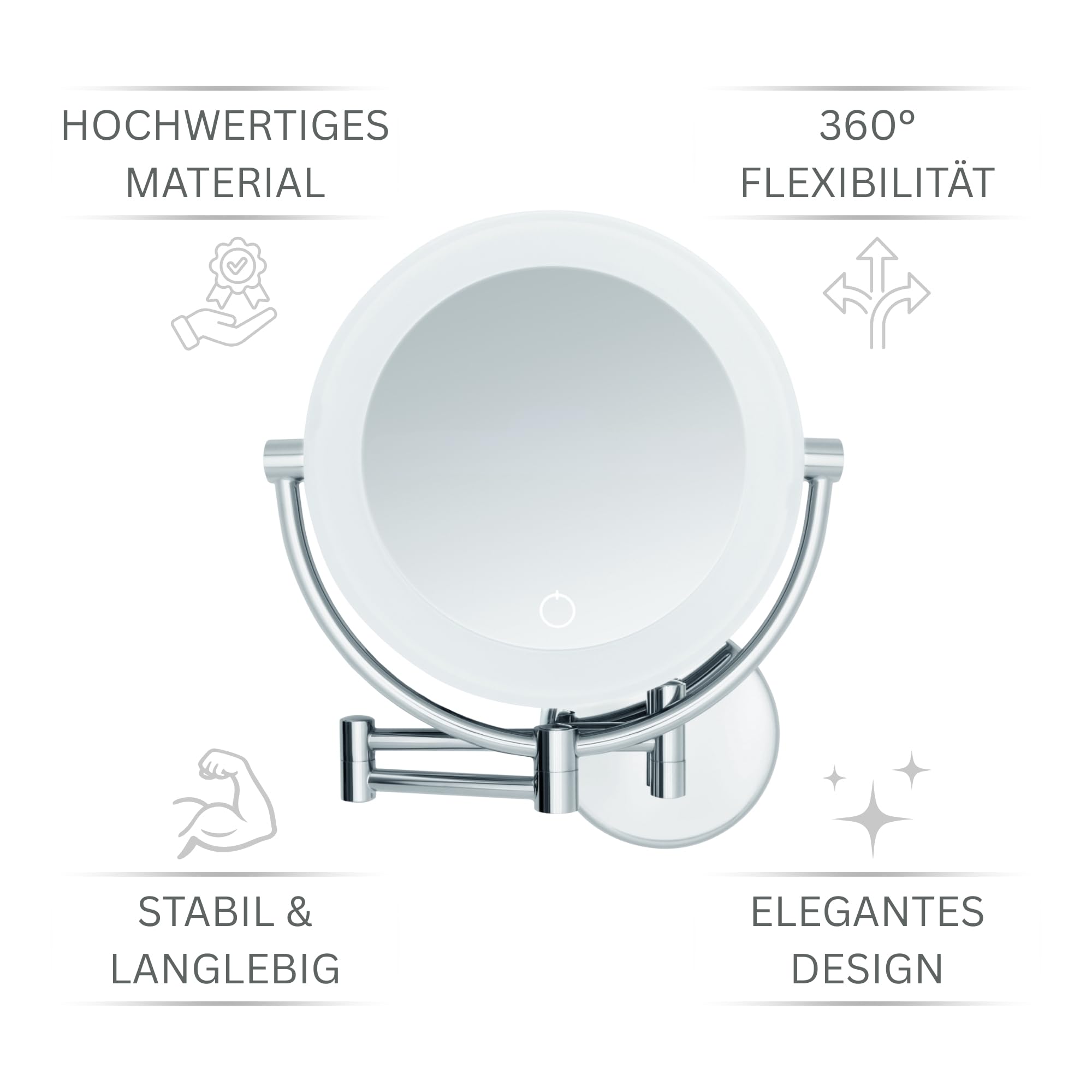 Kosmetikspiegel XXL Tokio – LED Schminkspiegel 5x/10x Vergrößerung – Wandmontage mit Dimmer & Auto-Off – ausziehbarer Beautyspiegel Ø 18,5 cm – Betrieb mit Batterien oder USB-Kabel
