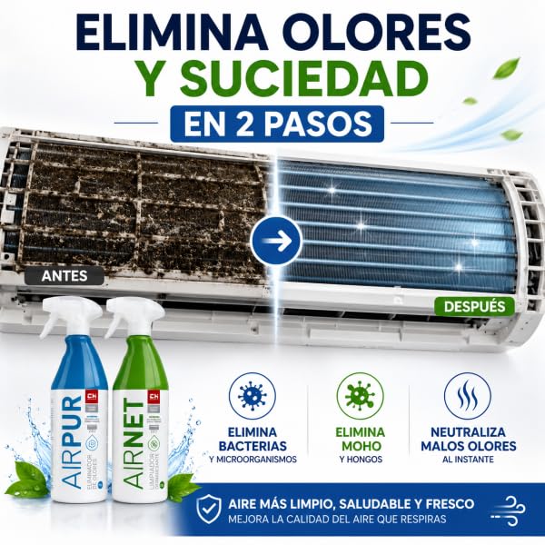 Bilake Pack AIRNET + AIRPUR – Limpiador de Aire Acondicionado. Elimina Bacterias, Hongos y Malos Olores. Limpieza Profunda Split, Filtros y Evaporador. Spray 750ml (1 AIRNET + 1 AIRPUR)