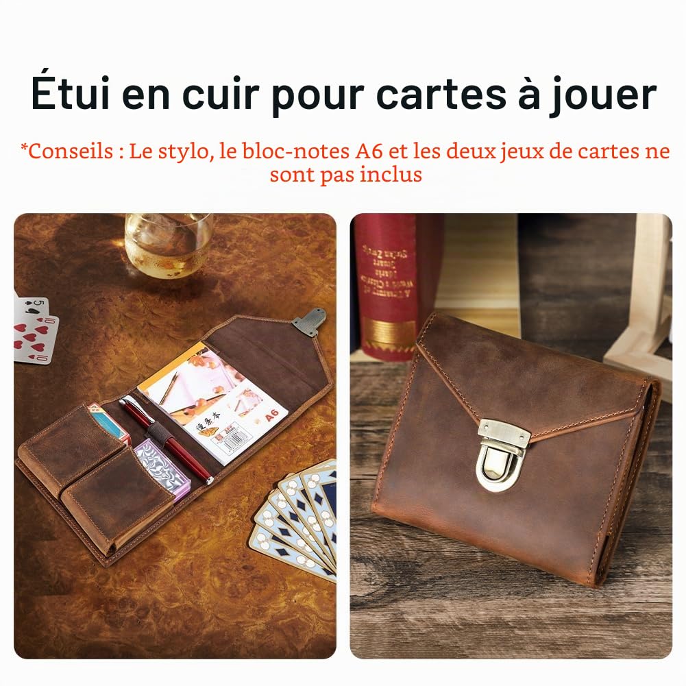 CONTACTS Étui en cuir véritable pour cartes à jouer avec stylo et bloc-notes pour voyage en plein air, boîte à 2 jeux de cartes marron, organiseur de jeu de cartes pour 2 jeux de cartes, jeu de scores