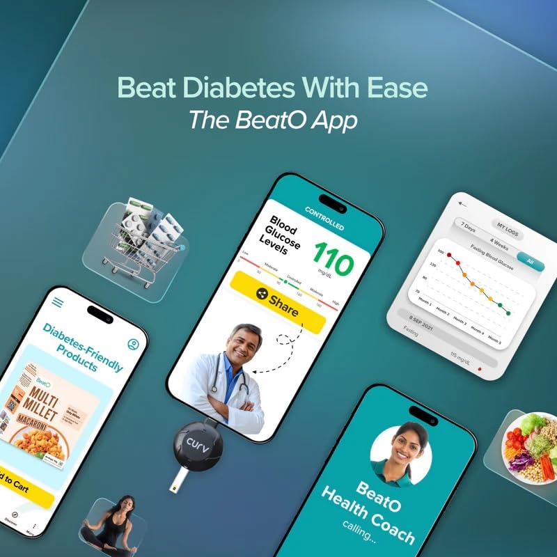 Image of BeatO CURV Smartphone Connected Glucometer | Free 100 Glucometer Strips & 100 Glucometer Lancets | Sugar Testing Machine | Type-C USB Connector | Simple & Accurate Glucometer for Home | ISO Certified: Made in India