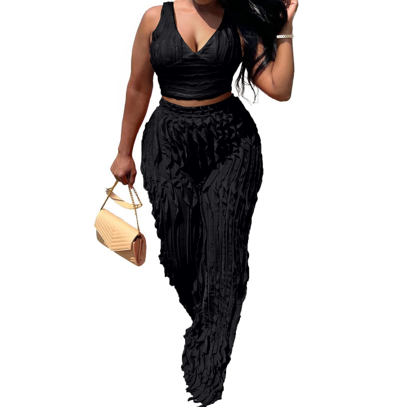 PRIVIMIX Women 2 Piece Outfits Sexy See Through Backless Top Ruffle Wide Leg Palazzo Pants Sheer Mesh Trousers