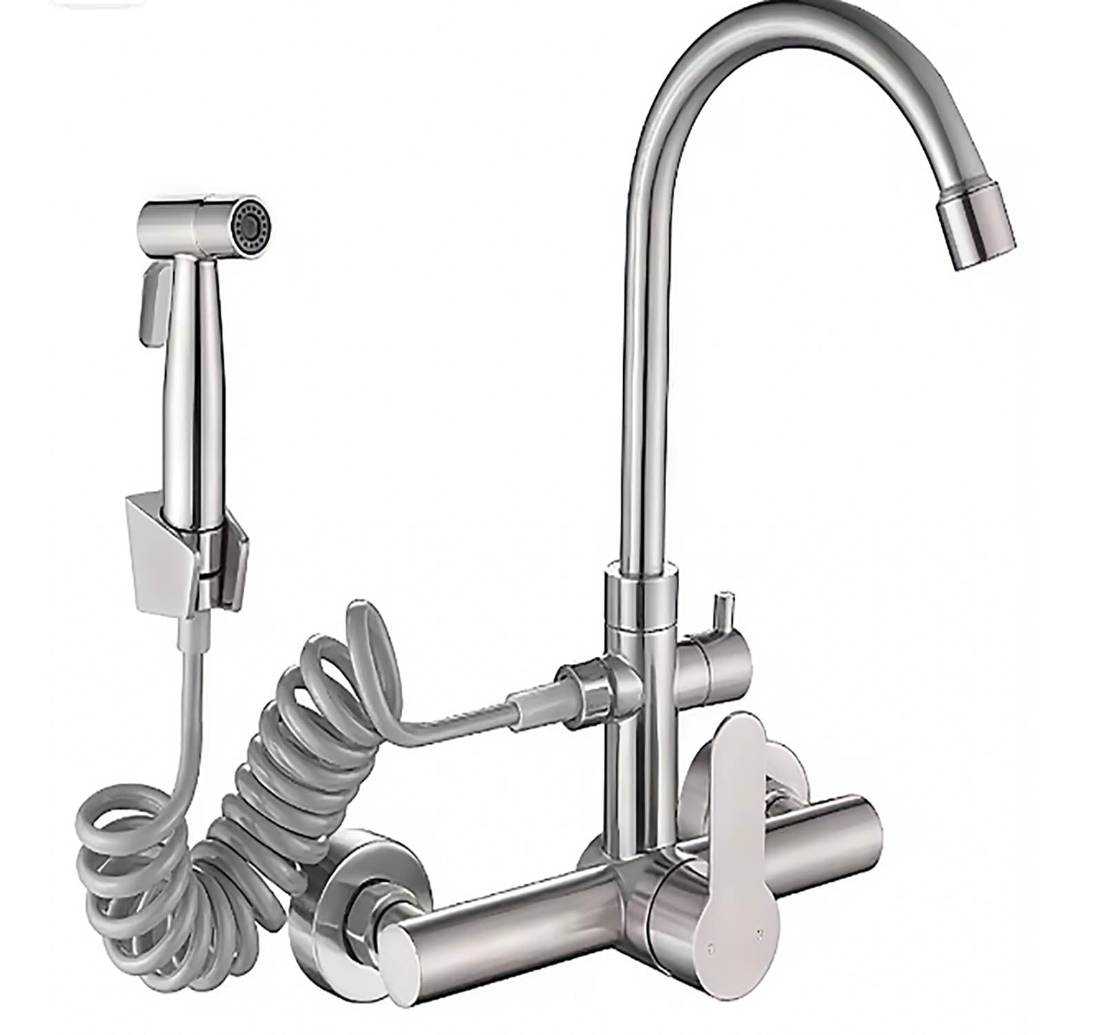 Grifo de cocina montado en la pared, grifo de pared para cocina con pistola pulverizadora, giratorio 360°, montaje en pared, acero inoxidable cepillado