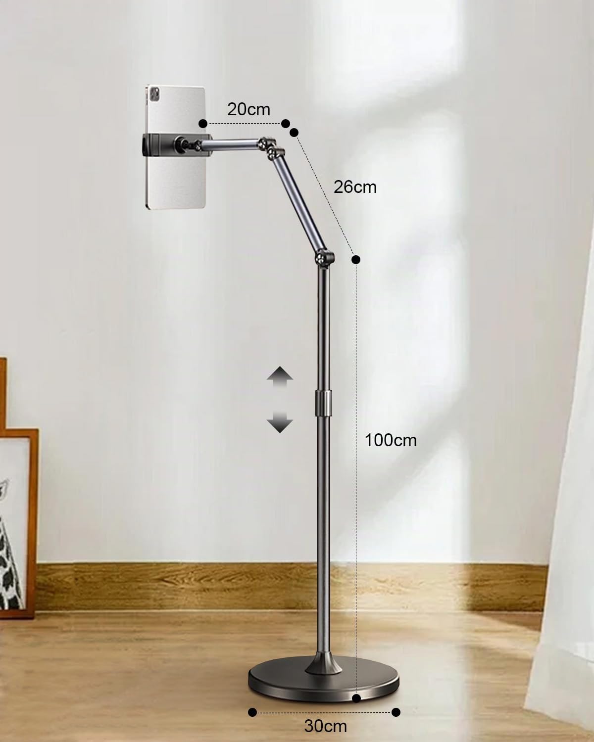 Tablet Bodenständer, Tablet Halterung Arm mit Einstellbarer Höhe, Stabiler ipad Ständer für Smartphones, iPhones, iPad Pro/Air/Mini,Tab mit 4.7-12.9 Zoll