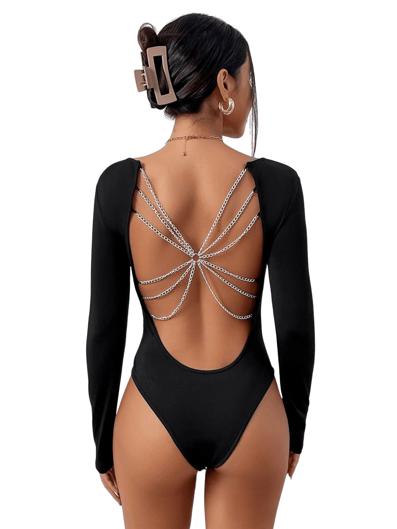 GORGLITTER Body à manches longues pour femme avec chaîne, dos nu, tenue de festival, combinaison
