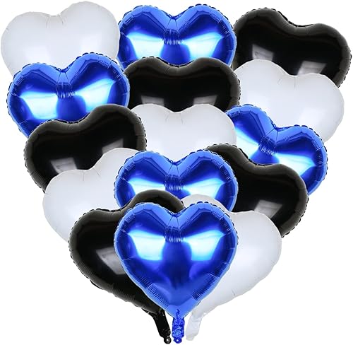 Guzon Globos de corazón negro, azul real y blanco de 18 pulgadas, globos de aluminio Mylar con helio en forma de corazón de aluminio para