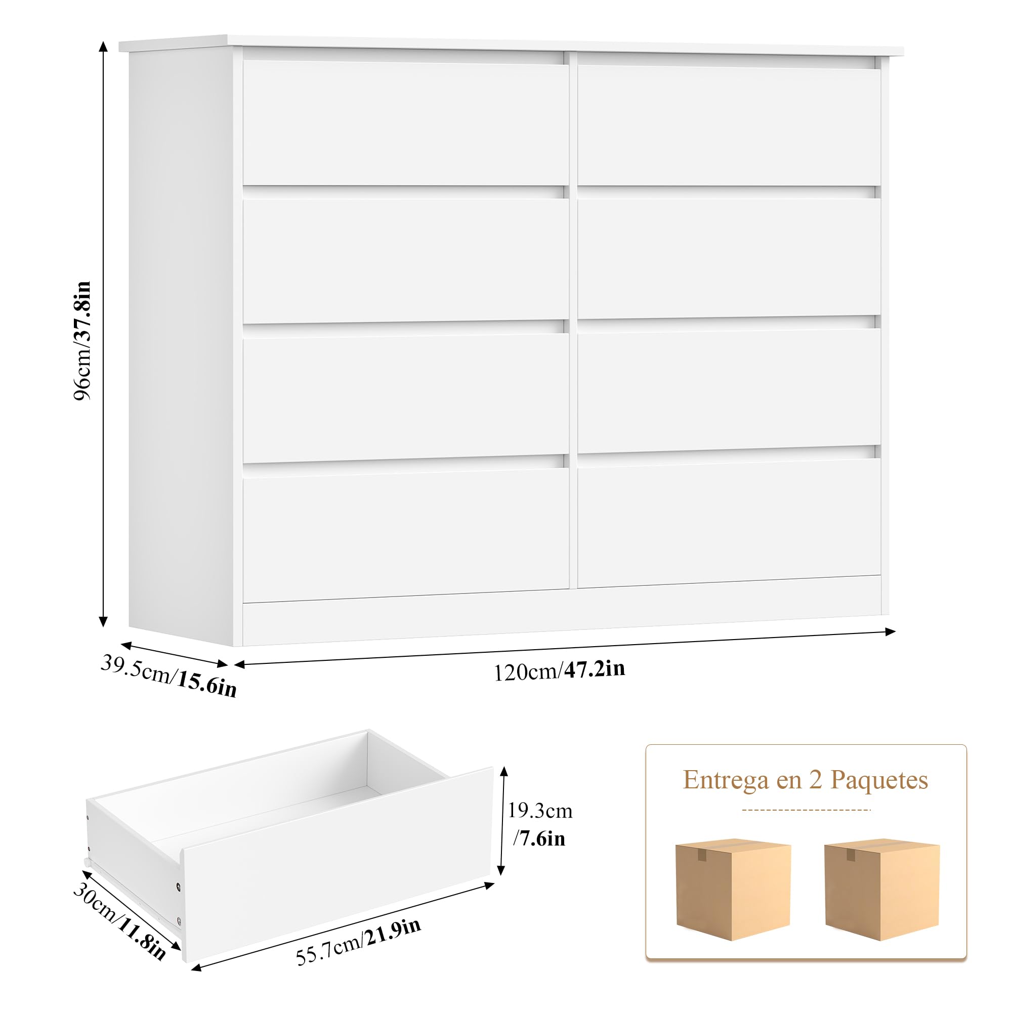 FOREHILL Comoda Dormitorio 8 Cajones 120 cm Cajonera Armario Interior Sinfonier Cómodas y Cajoneras Dormitorio Armario de Almacenamiento para el Salón Cómoda Moderna Blanco 120x39,5x96 cm