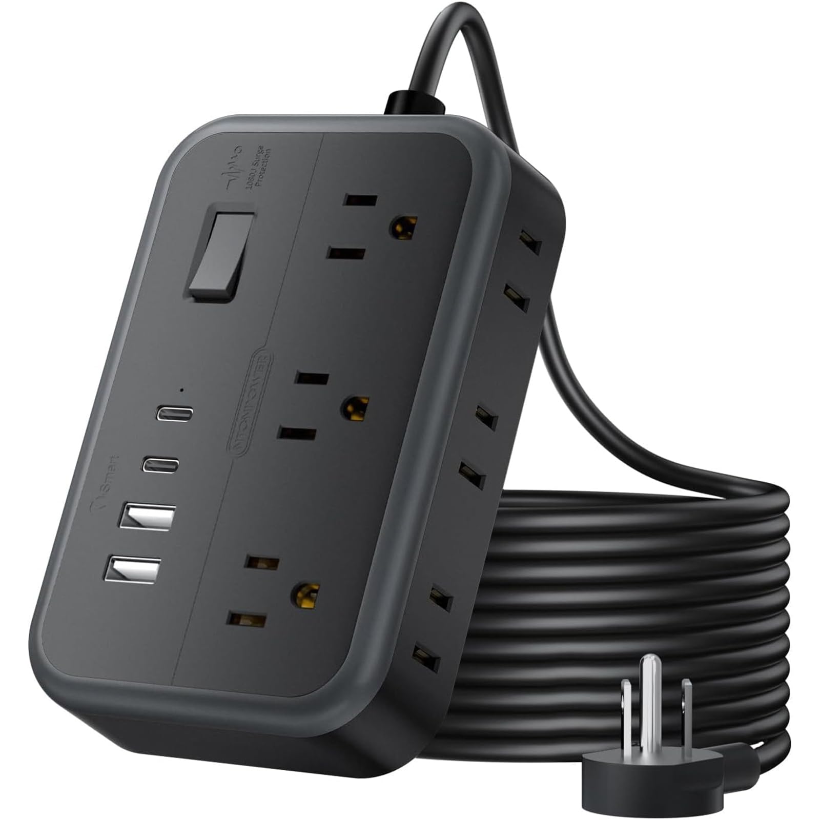 Extension Cord 25 Ft NTONPOWER Long Extension Cord with 6 Widely Spaced Outlet, Power Strip with 4 USB Port(2 USB-C), Wall Mount for Home Office, Dorm Room and Nightstand, Black 25 Ft 6 AC