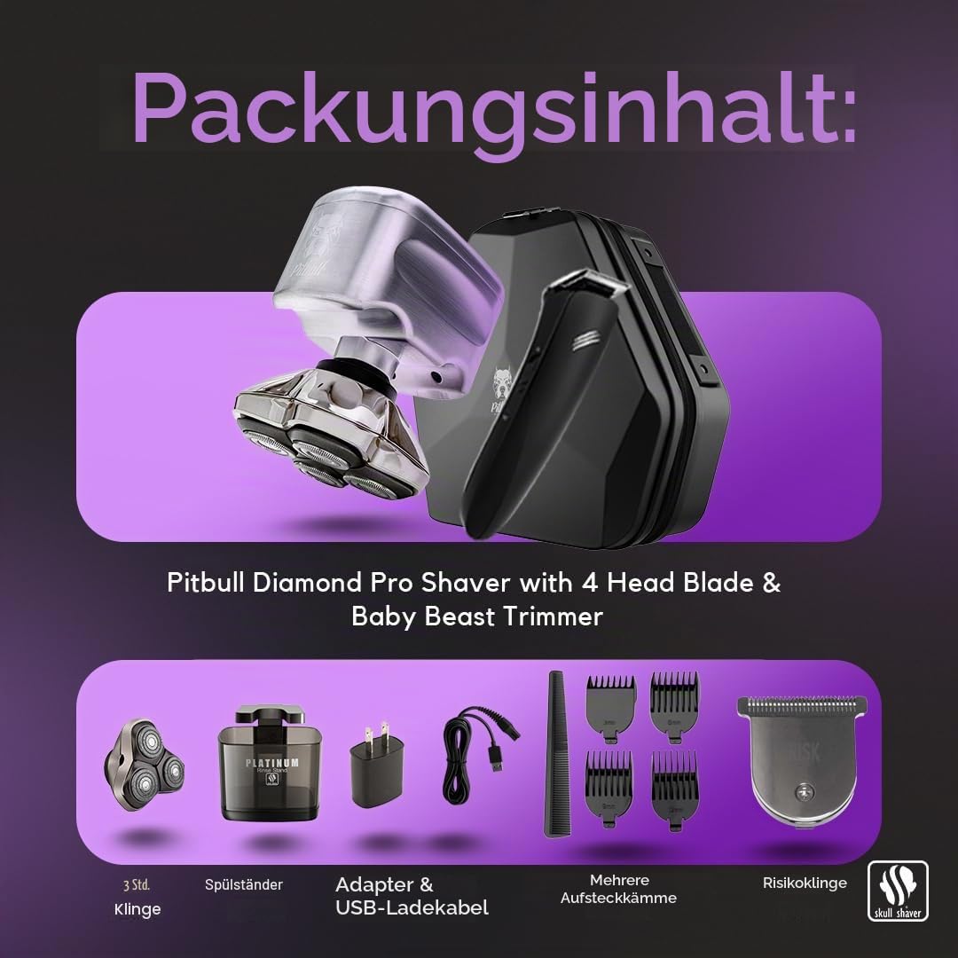 Skull Shaver Pitbull Diamond Pro Elektrorasierer & Rasierer - Ultimatives Männerpflege-Set - Für Kopf, Bart & Körper - Kabellos, Reisefreundlich, inkl. Ladekabel | Ultimatives Männerpflege-Set, Für Kopf, Bart & Körper, Kabellos, Reisefreundlich, inkl. Lad
