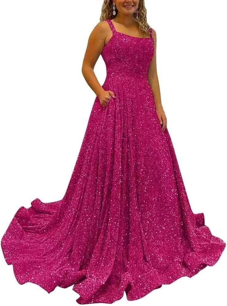 Women's Square Neck Sequins Prom Dresses for Women Spaghetti Straps Formal Party Gowns