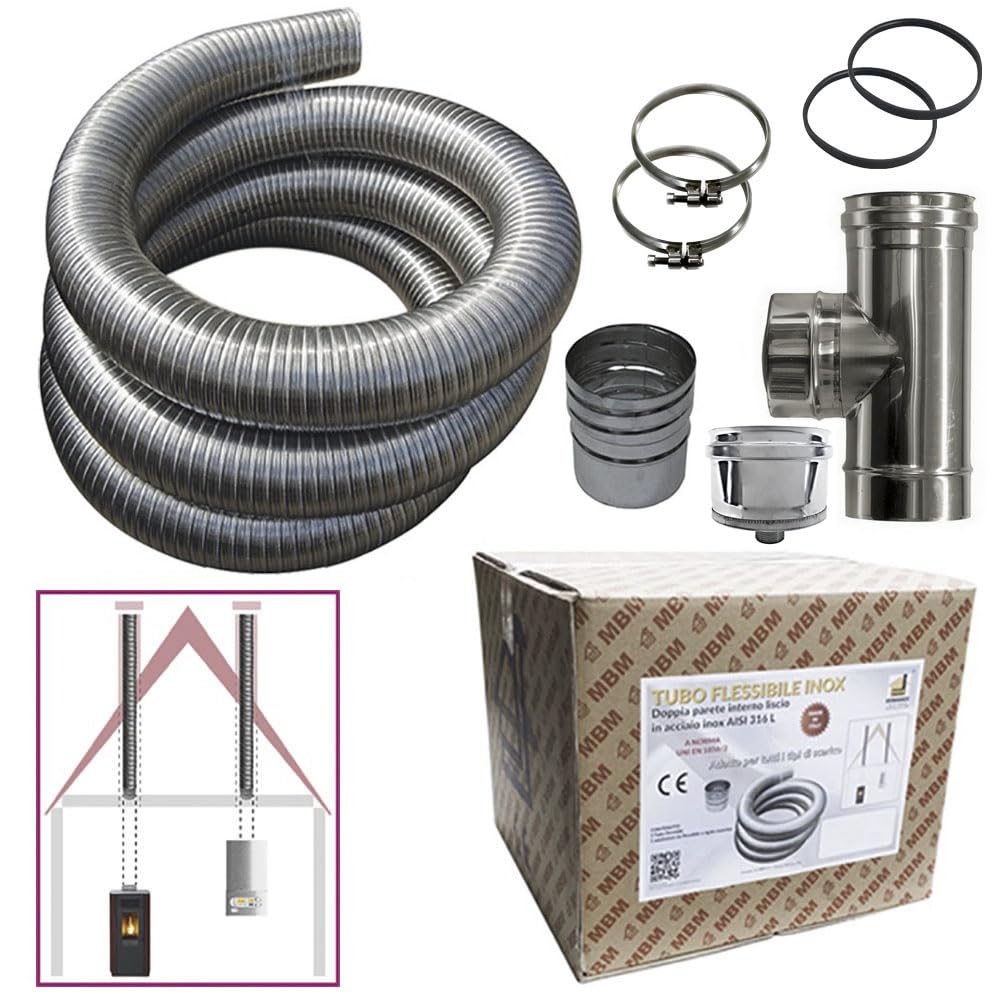 Kit tubo acciaio inox 316 flessibile 10 mt diametro 80 mm interno liscio a norma CE EN 1856 2 canna fumaria