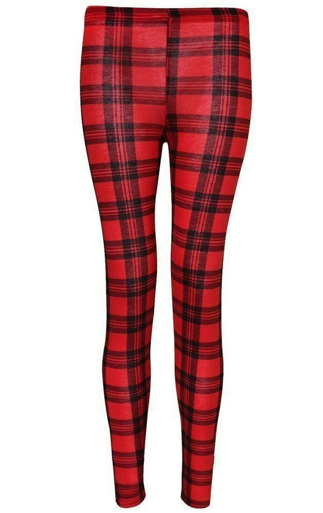 Fairy Boutique Women's Red Tartan Plain Stretchy Leggings Full Length Printed Skinny Pants Elasticated Waist Trousers ( Medium-Large Uk 12-14)