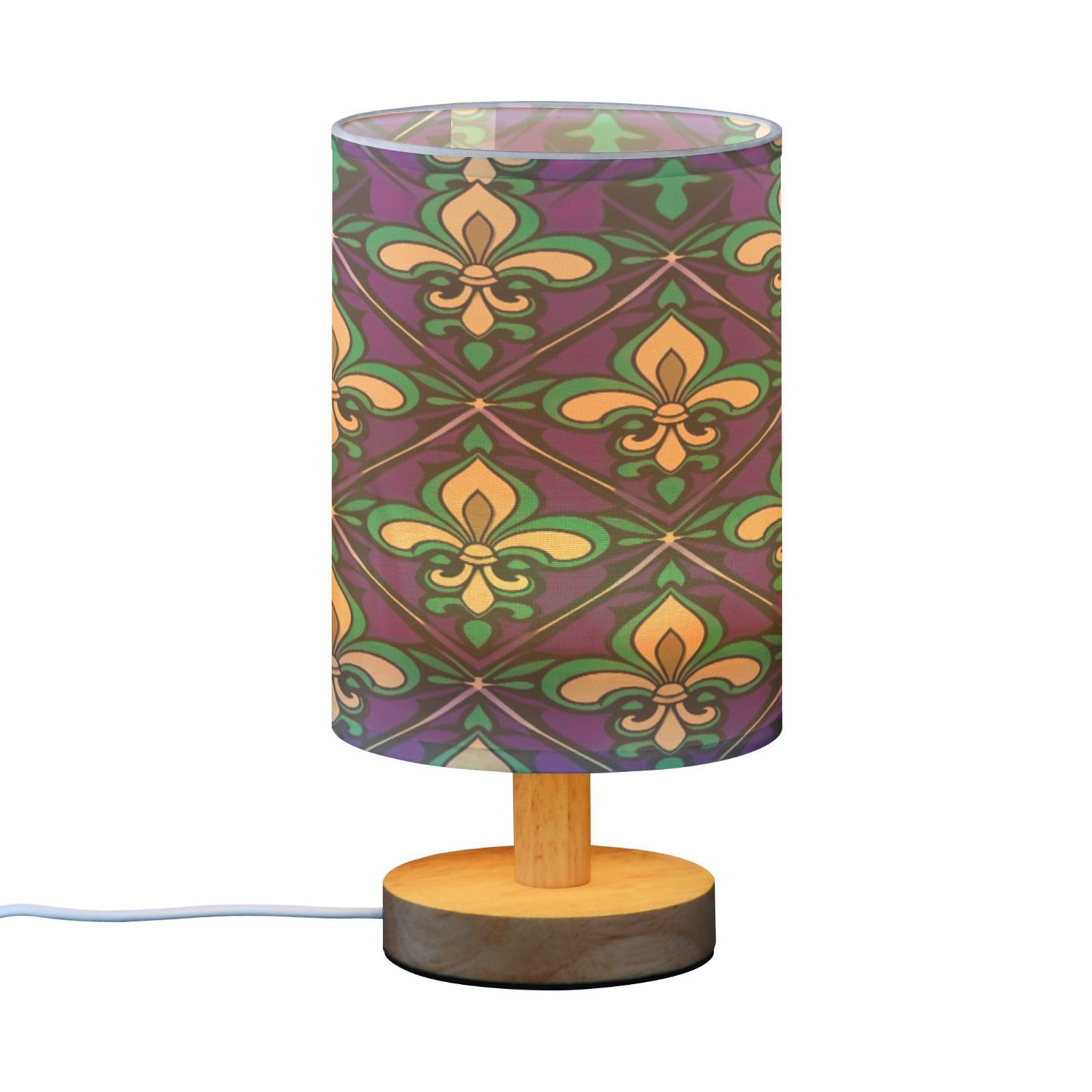 SDMKA Mardi Gras Tile Pattern Bedside Table Lamp for Bedroom, Minimalist Nightstand Lamp with Round Fabric Shade for Living Room, Office, No Bulb Required