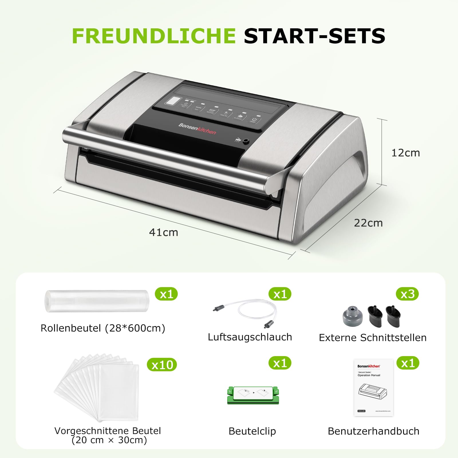 Bonsenkitchen Vakuumiergerät VS5100 15 L/min, Vakuumierer mit Beutelclip, Griffverriegelung, Schneider, für Sous-Vide-Garen