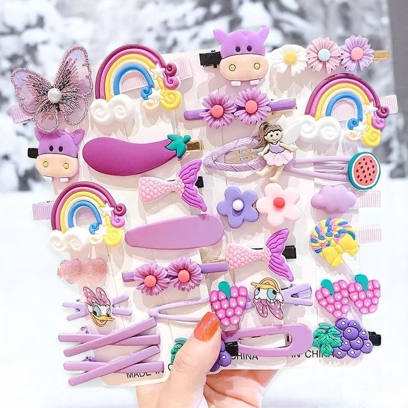 Frescorr Hair Clips for Girls – 14 Pcs Cute Hair Pins for Kids & Toddlers | Cartoon, Fruit, Rainbow, Flower & Animal Designs | Baby & Women Hair Accessories Set (Purple)