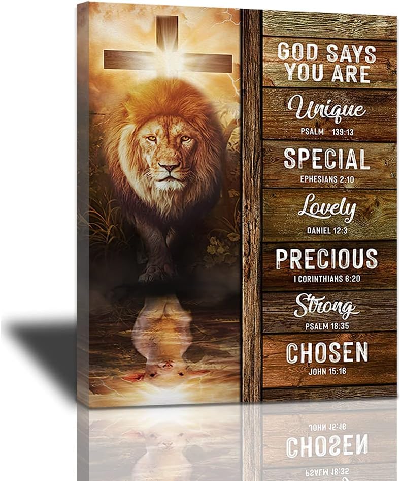 Mountflow Lion King and Lamb Decor Wall Art Jesus Cross Christian Religious Painting Canvas Print Christ Inspirational Quotes God Says You Are Poster Artwork Decorations Framed, 16x20in