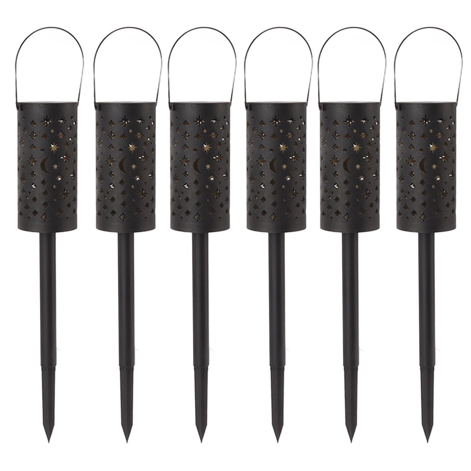 6pcs Solar Pathway Lights Moon Star Hollow Out Solar Garden Lights Wasserdichte Landschaftslichter mit Gartenpfahl Outdoor-Rasen-Patio-Gehweg