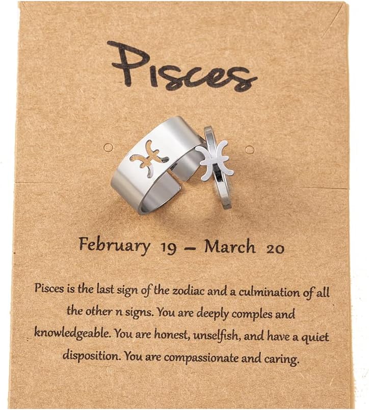 COLORFUL BLING 12 Constellation Astrology Zodiac Sign Rings With Message Card for Women Men Silver Stainless Steel Matching Couple Rings Friendship Birthday Gifts