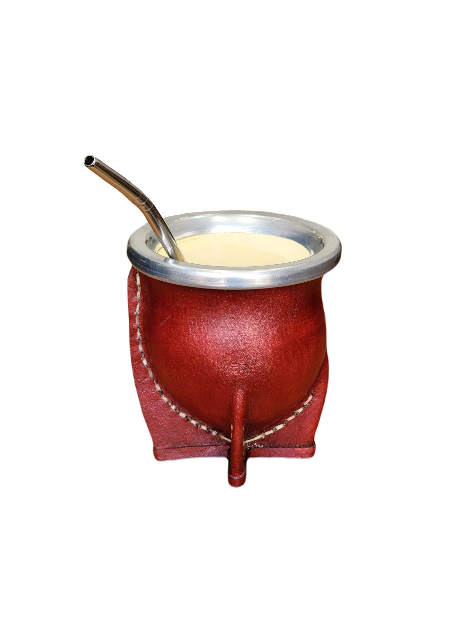 Tasse mate argentine premium avec intérieur en bois de citrouille naturel et extérieur en cuir marron avec acier inoxydable - Comprend une ampoule pour Yerba Mate.