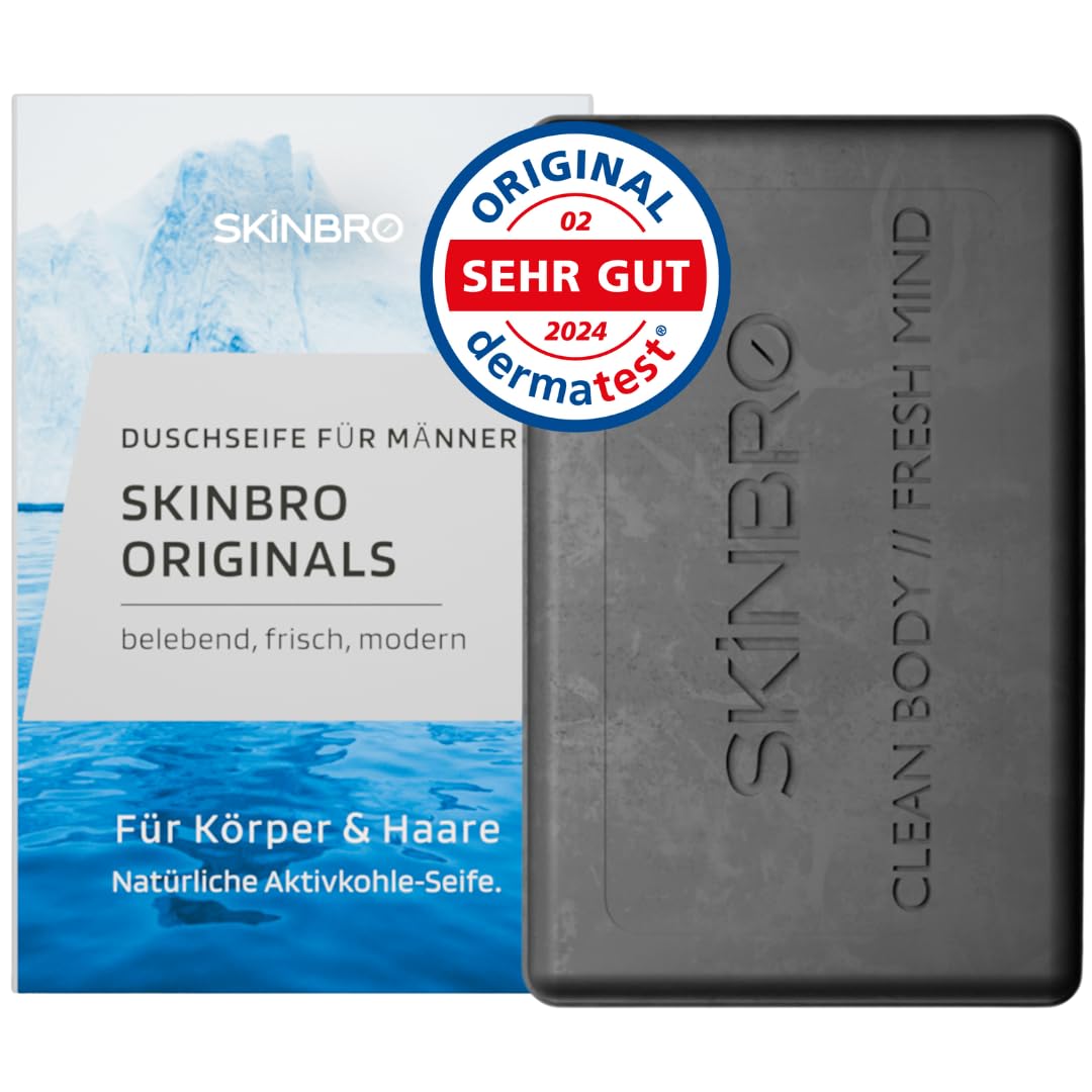 SKINBRO Männer Pflege-Set: Festes Duschgel Originals mit Aktivkohle (100g) & Anti-Augenringe Creme (15ml) – Sportlich-frische Reinigung & Augenpflege gegen Falten – Vegan & Made in Germany