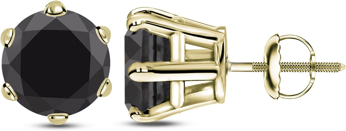 14k Yellow Gold Round Black Diamond 6-Prong Basket Stud Earrings (1/2-4 ct, Black) Screw-Back