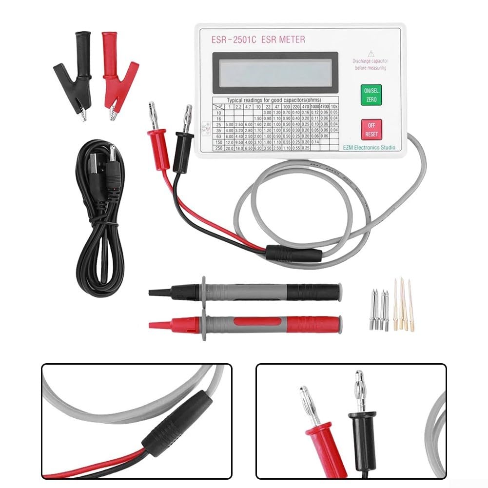 ESR DCR-Kondensator-Tester, digitales Messgerät, 0–25 Ω Bereich mit Messleitungen, Clip für Leiterplattenreparatur, Elektronik