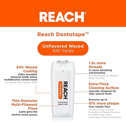 Miniatura 2 de Reach Hilo dental encerado con cinta dental, eliminación eficaz de placa, superficie de limpieza extra ancha, resistencia a la trituración y