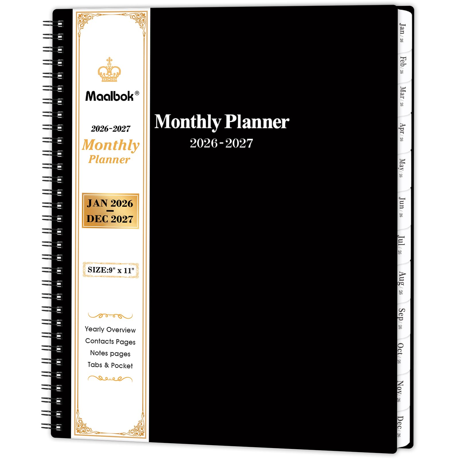2026-2027 Monthly Planner/Calendar - January 2026 - December 2027, Monthly Calendar 2026-2027, 9" x 11", 2 Years Planner, Cardboard Cover, Black
