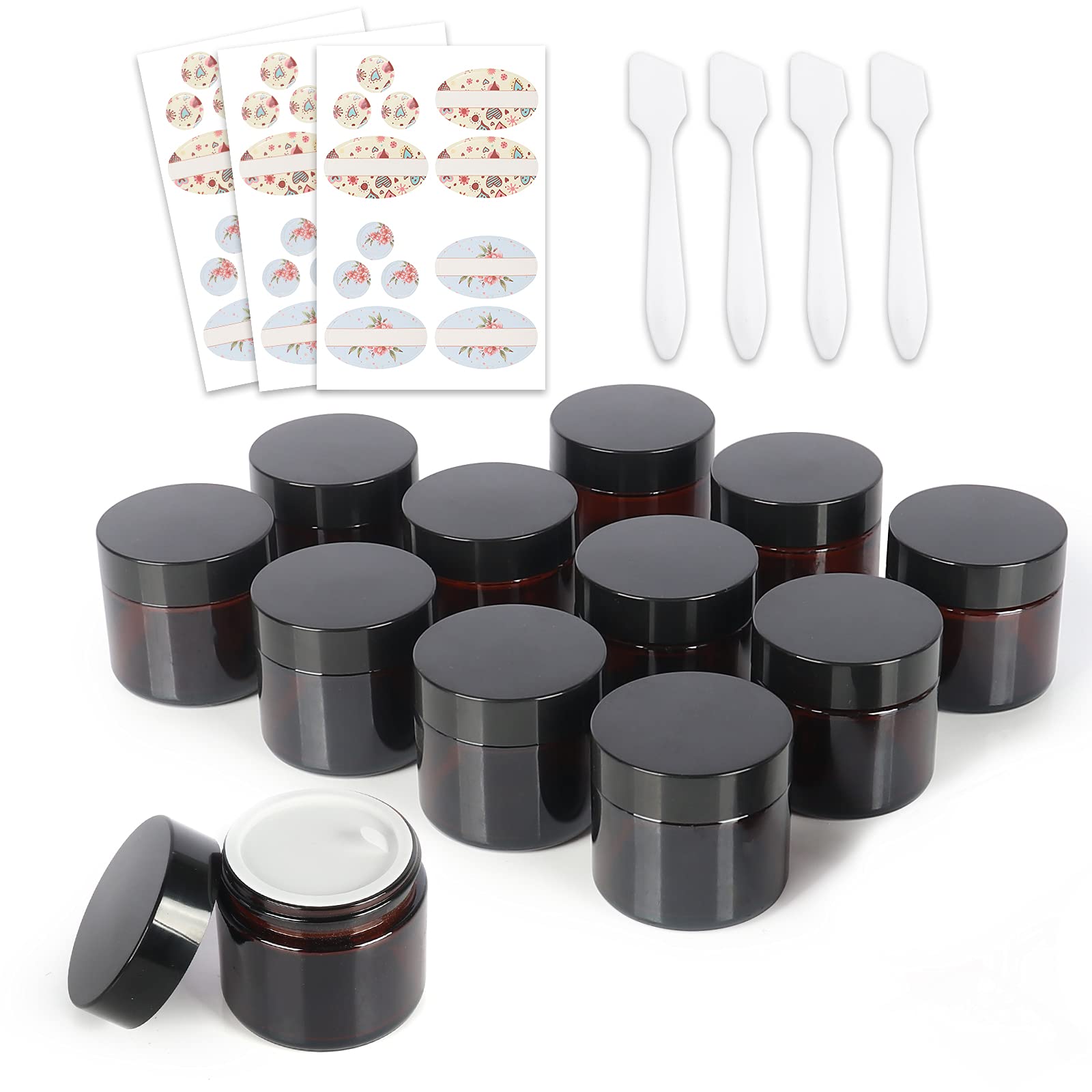 2 oz Round Glass Jars, Pack of 12 with Black Lids and Inner Liners, Cosmetics Containers for Face Cream Lotion, Powder, Candle, Body Butter, ointment, condiments, Amber