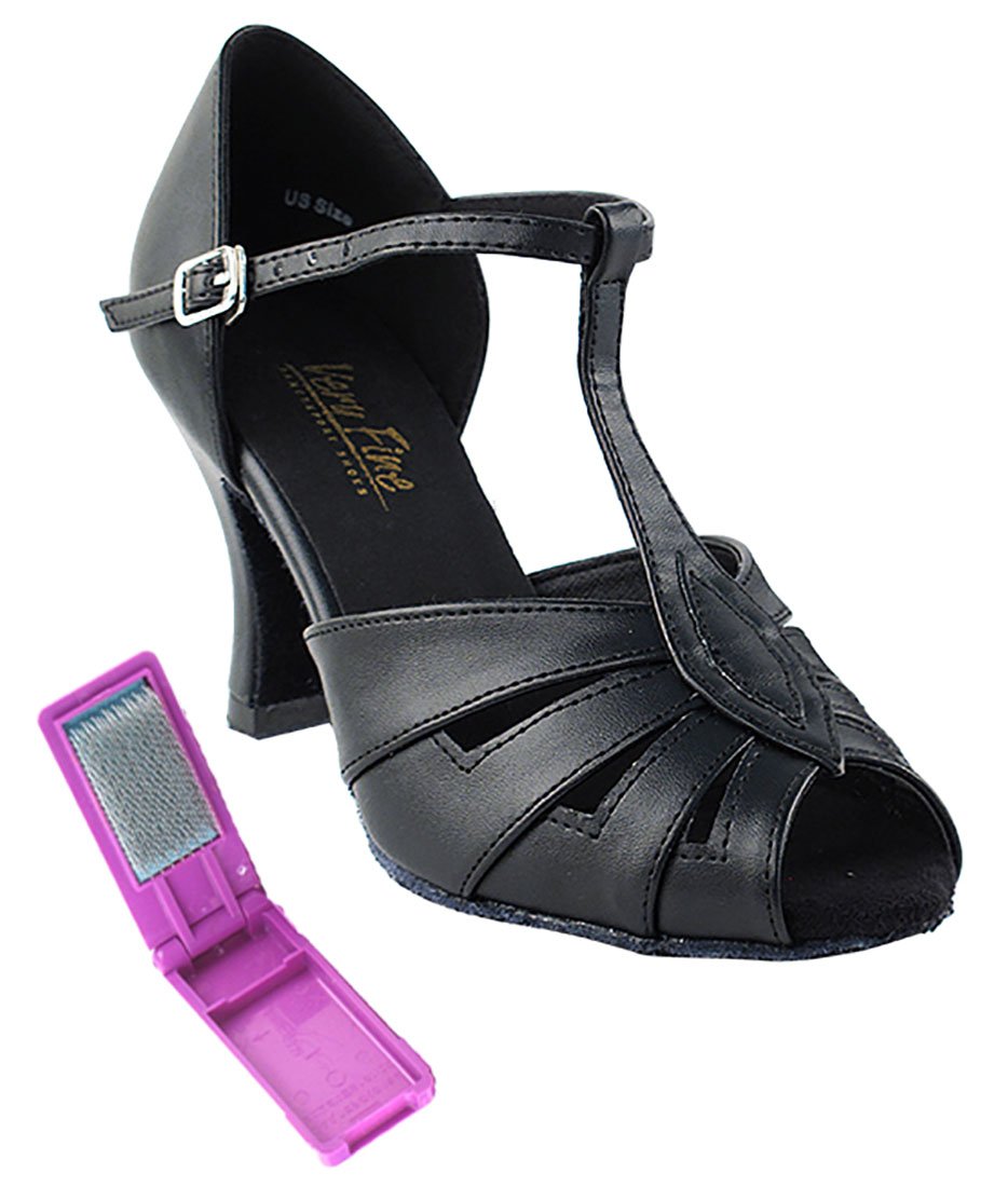 Very Fine Dance Shoes - Ladies Latin, Rhythm, Salsa, Waltz Ballroom Dance Shoes - 2702-2.5-inch Heel and Foldable Brush Bundle - Black Leather - 8.5