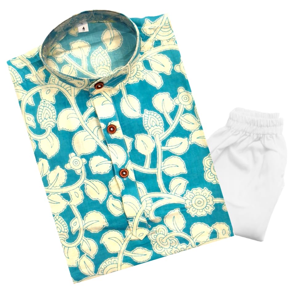 Image of TinySteps Boys Cotton Kurta Pajama | Traditional Ethnic Wear Pure Cotton Printed Kurta With Elastic Waist White Pajama