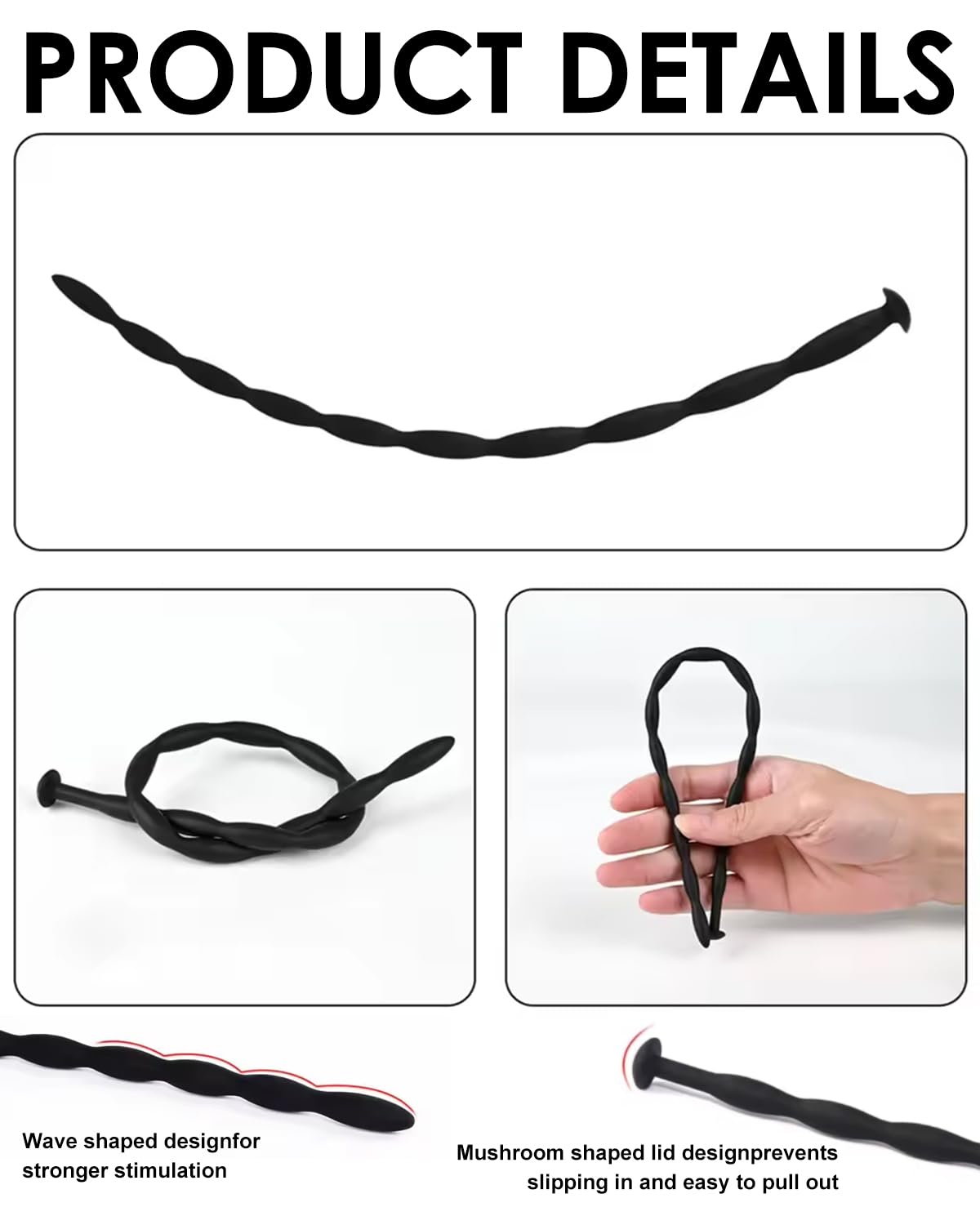 Dilatatore uretrale per pene,5 pezzi,Dilatatore uretrale da 300 mm con connettore,Asta uretrale filettata in silicone morbido,Giocattolo SM per adulti,Nero