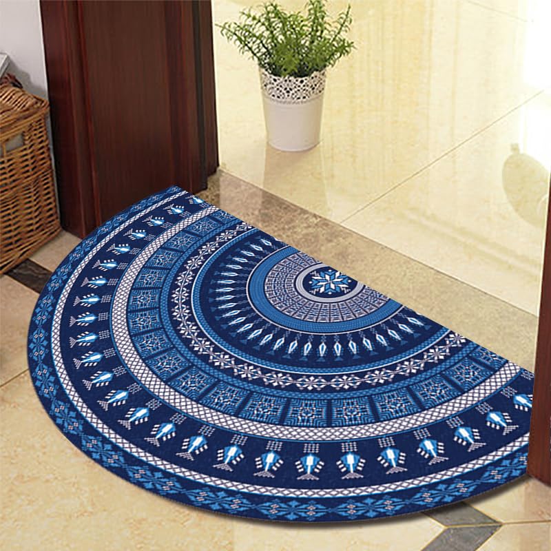 Eseriallen Half Round Door Mat Indoor Entrance Washable Half Circle Area Rugs Boho Mandala Non Slip Dark Blue 625-7 70cm X 120cm