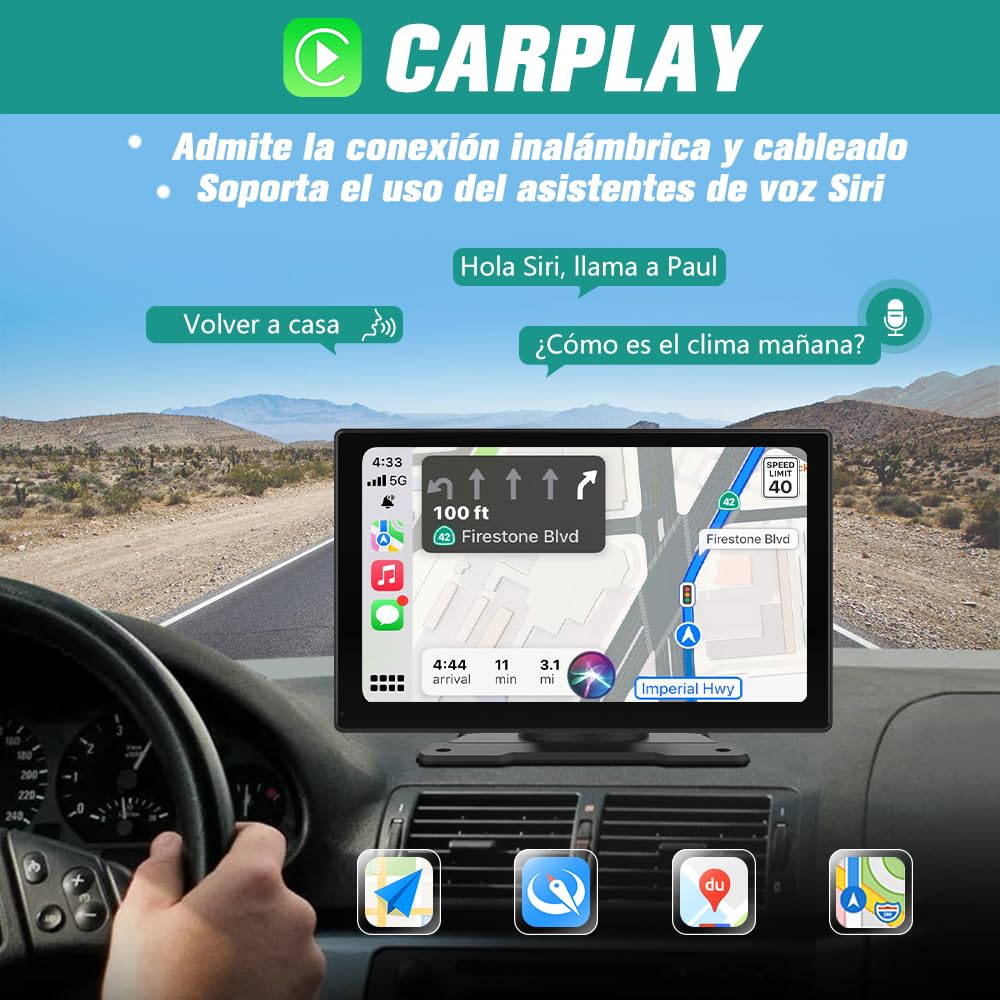 AWESAFE Pantalla 9” de CarPlay/Android Auto/iOS Mirror Inalámbrico y Auto Link por Cable, Radio Portátil para Coche, Admite Bluetooth/Siri/USB/TF/AUX, Negra