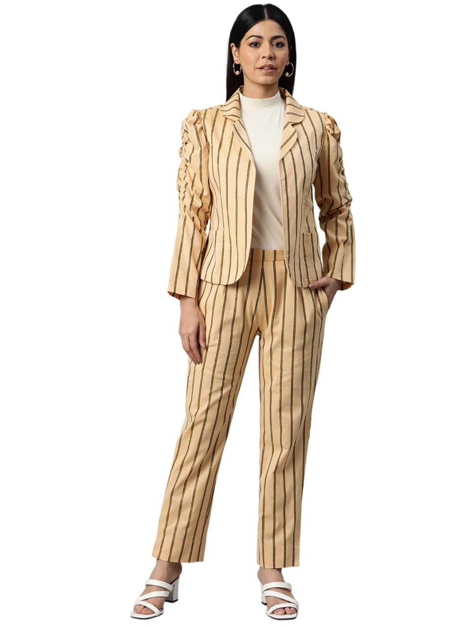 cottinfab Women Striped Cream and Brown Blazer Co-ord-picture-41