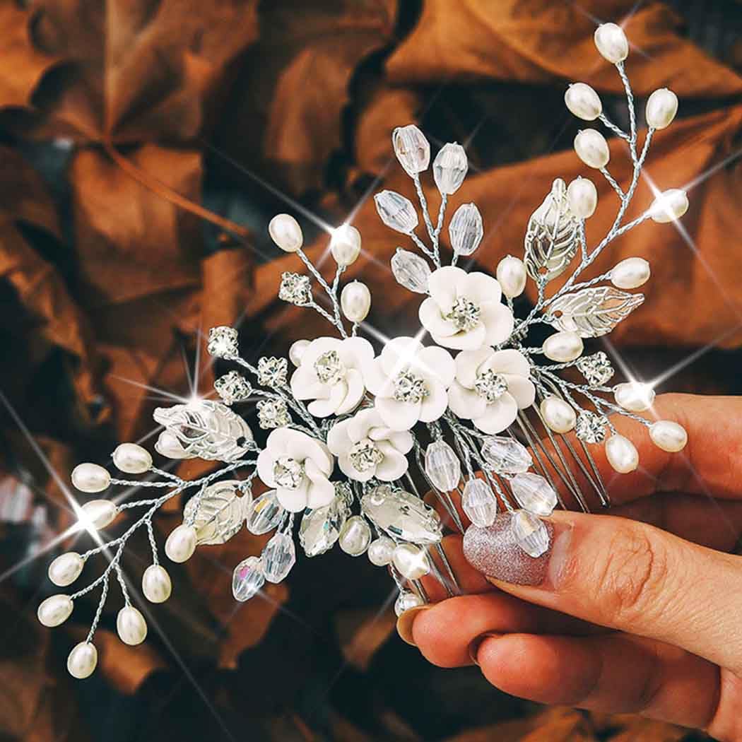 Unicra Flower Bridal Hair Comb Pearl Wedding Headpiece Leaf Hairpiece Silver Rhinestone Hair Accessories for Women and Brides (Silver - Image 2