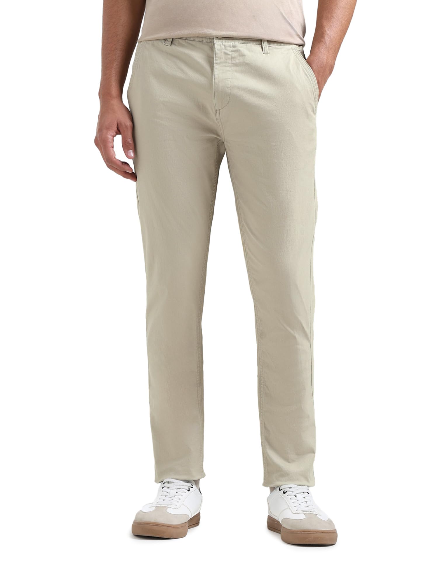 Flying Machine Men's Slim Tapered Fit Trousers| Solid | Mid Rise in neutral