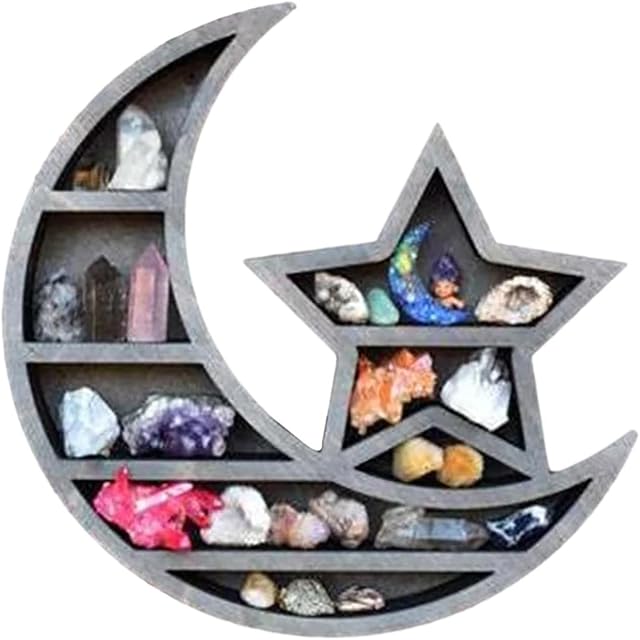 Wood Moon Shelf, Wooden Crystal Display Shelf, Half Moon Crystal Shelf for Crystals Stone, Essential Oil, Small Plant and Art, Gothic Witchy Decor