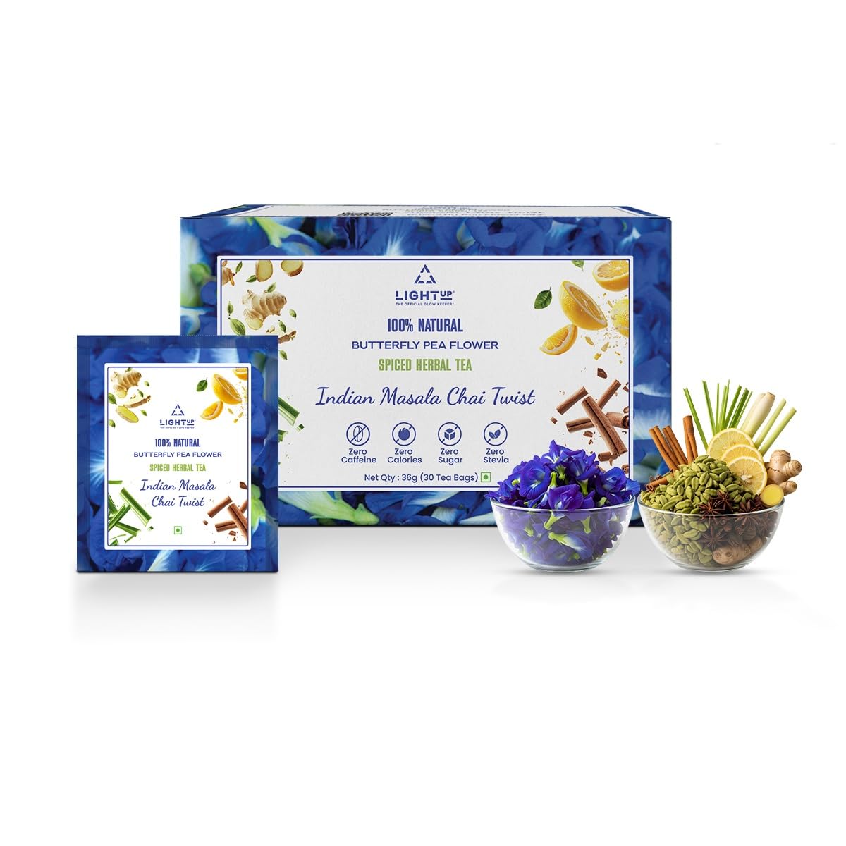 LIGHT UP Blue Masala Chai with Butterfly Pea Flower (Shankpushpi) & 6 Ayurvedic Spices | 30 Herbal Tea Bags | Caffeine-Free, Sugar-Free | Boosts Metabolism, Aids Weight Loss, Controls Blood Sugar-image-24