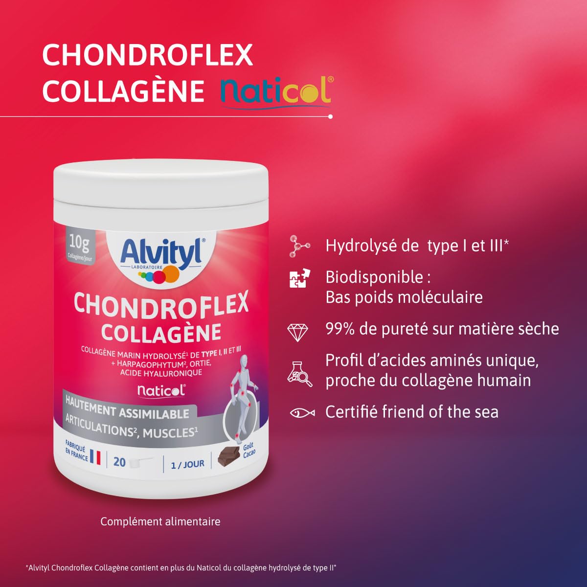 Alvityl Chondroflex - Collagène hydrolysé de Type 1,2 et 3 – Harpagophytum – Acide hyaluronique – Ortie Dioïque- Hautement assimilable – Goût Chocolat - 10,5g par jour – 220 gr