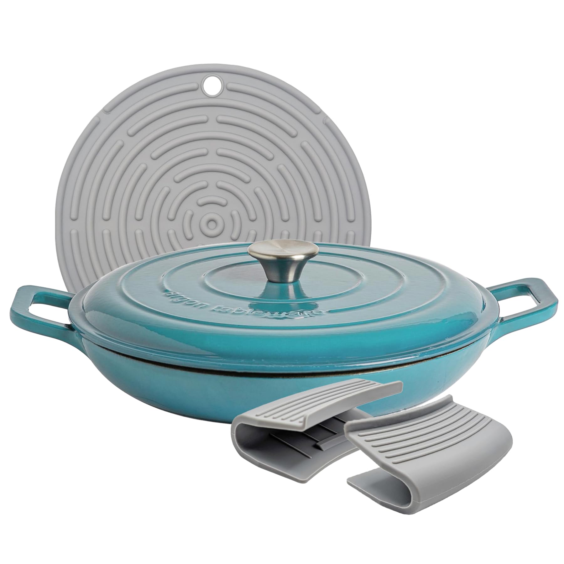 Argon Tableware 2.3L Shallow Cast Iron Casserole Dish with Self-Basting Lid - Teal Ombre - Induction Hob Cooking 2.43QT Dutch Oven Bread Baking Serving Roasting Stew Stock Pot Pan