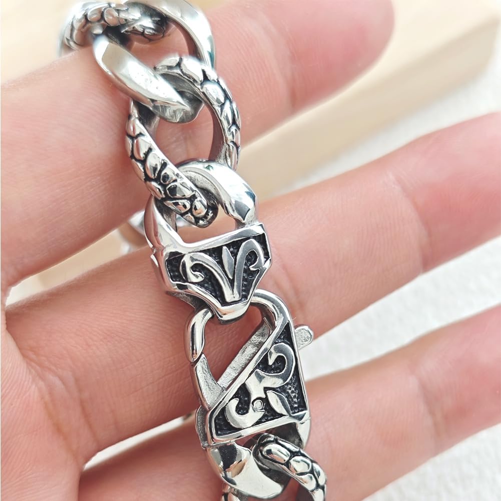 Men’s Titanium Cuban Link Bracelet, Dragon & Snake Pattern Stainless Steel Gothic Punk Rock Hip Hop Biker Chain Wristband - 21.5cm (8.46in)