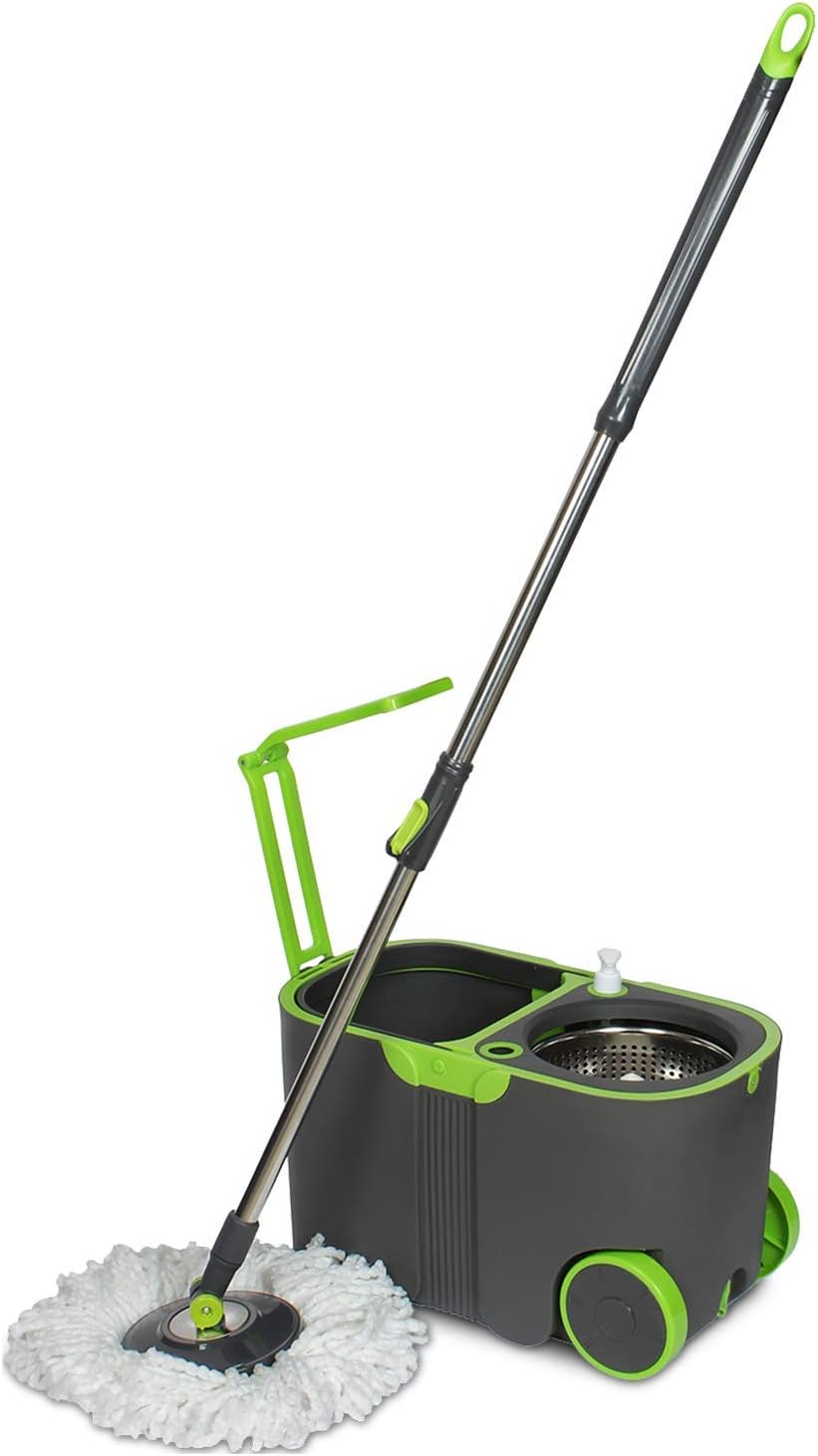 Mop with Bucket for Floor Cleaning - Floor Cleaner Spin Mop with Big Wheels and Drain, Adjustable Mop Stick, 2 Microfiber Refills, Floor Cleaning Equipment - S340