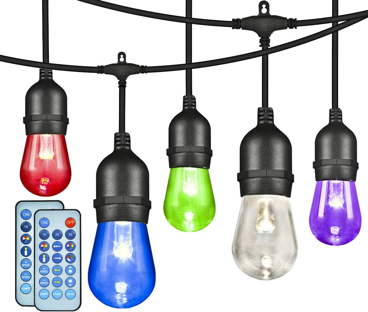 ANGROC 49Ft LED Outdoor RGBW Color Changing Chasing String Light, 26(24+2Free) Edison Vintage Bulb, Wireless Remote Control, Heavy-Duty Commercial Grade, Waterproof, Patio Lighting for Garden Backyard