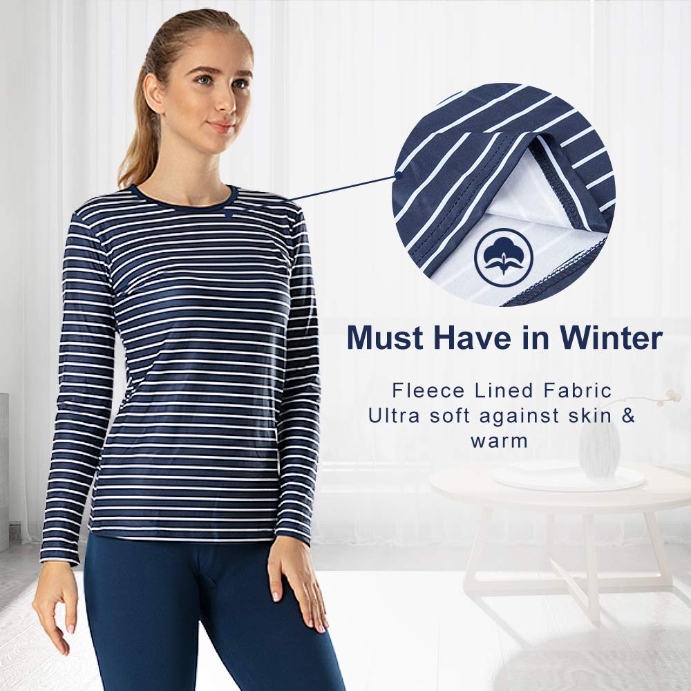 MANCYFIT Womens Thermal Tops Fleece Lined Shirt Long Sleeve Base Layer Striped Shirt Blue X-Large