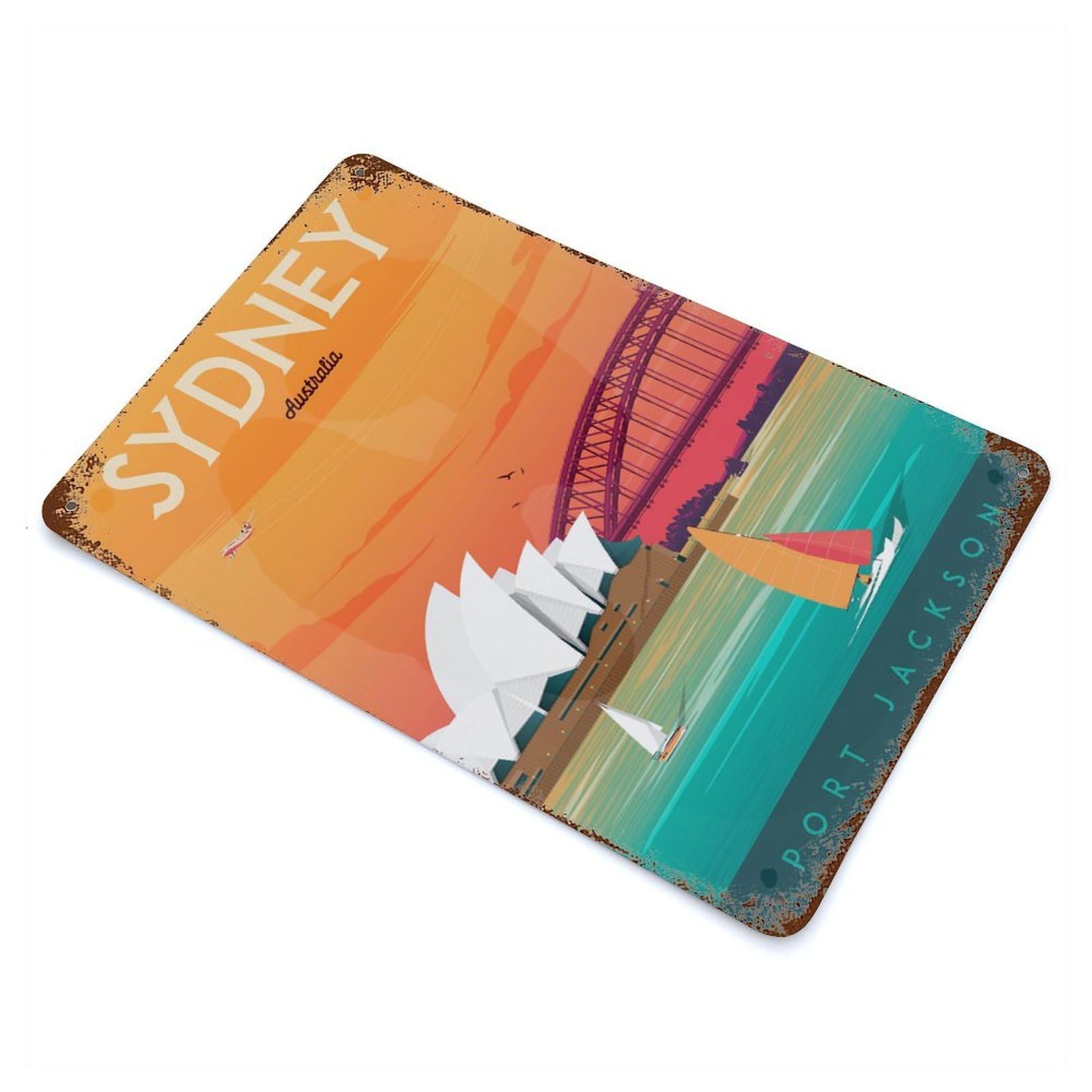 Sydney Travel Aged Metal Wall Plaque 11.8"x7.9", Old School Wall Decor for Garage, Pub Or Kitchen