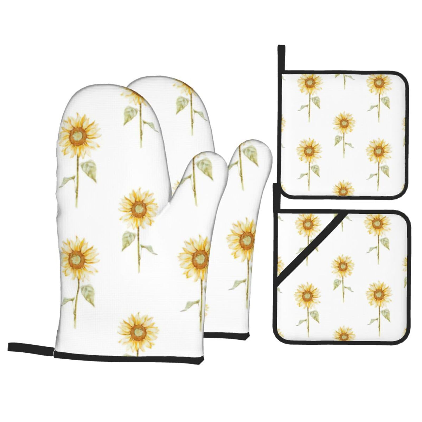 Blossoming Sunflower Print Kitchen Oven Mitts And Pot Holders Set,Hanging Loop Design For Cooking Baking Bbq