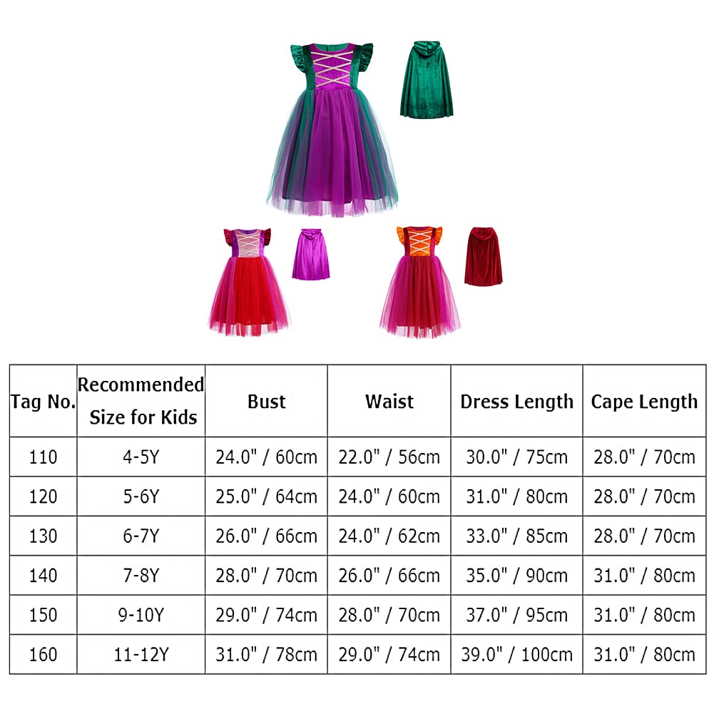 IMEKIS Ragazze Costume da Strega Cattiva di Halloween Principessa Winifred Sarah Mary Sanderson Cosplay Vestire con Parrucca del Mantello con Cappuccio Vestito di Carnevale di Compleanno