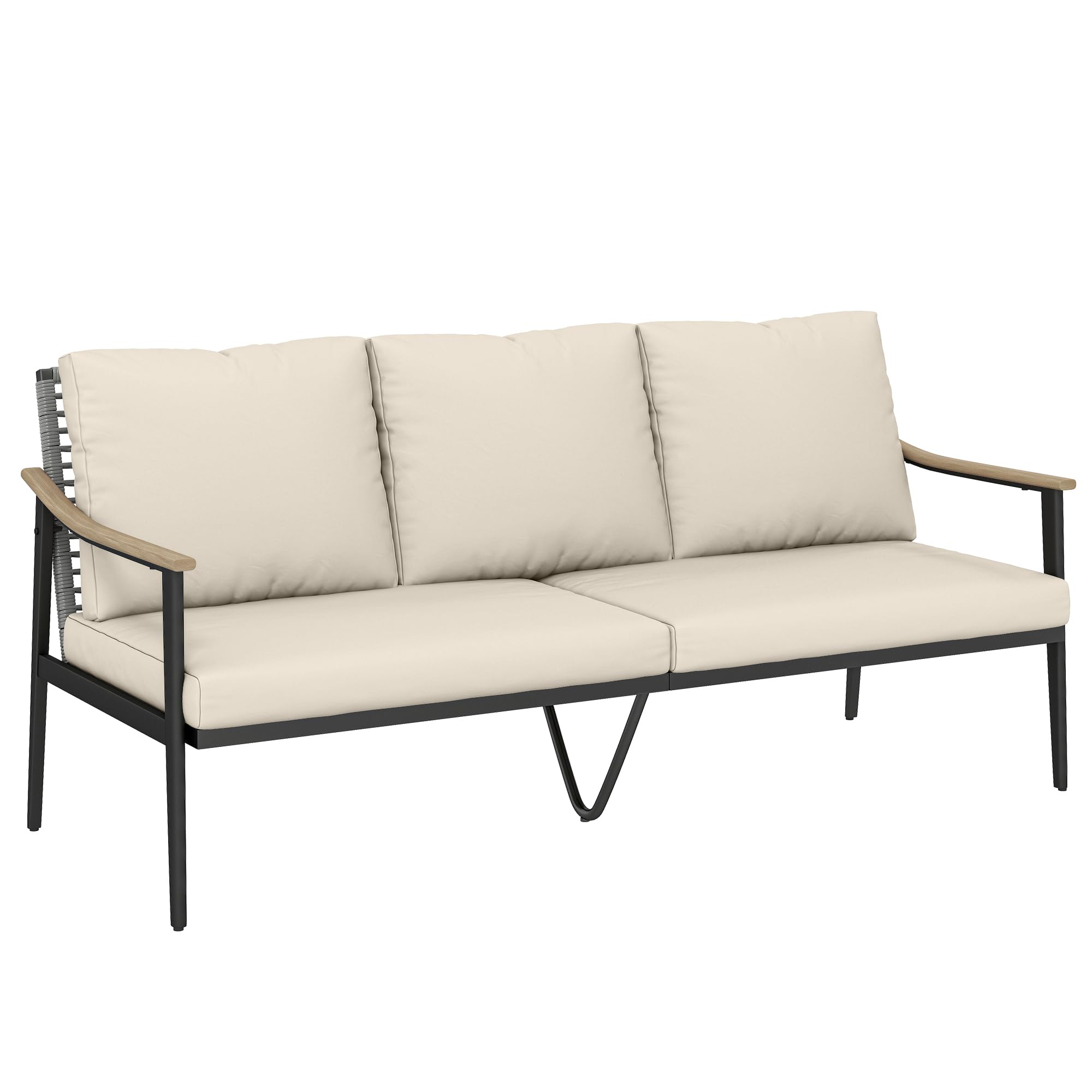 Outsunny Gartensofa 3-Sitzer Rattan Loungesofa mit abnehmbar Kissen Holzoptik-Armlehnen Stahlrahmen wetterfest Gartenbank Outdoor Sitzbank Gartenmöbel für Garten Terrasse Khaki