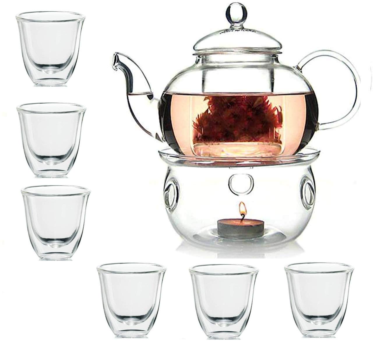 Borosilicate Heat-resistant Glass Tea Pot Set, Infuser Teapot 800 ML+ Tea Warmer+ 80 Ml Double Wall Cup 6pcs